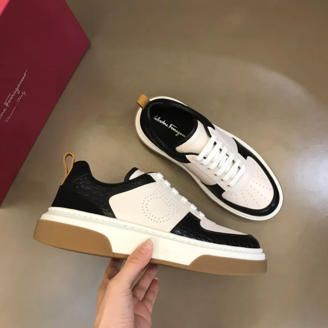 p420 "Salvatore Ferraga**" men's low-cut fashion sneakers. This casual shoe has a novel structure and is made of soft calfskin. The contrasting color elements on the upper highlight the bold and avant-garde atmosphere. The first-layer cowhide lining is high-end and comfortable. Energetic and fresh, these shoes can be worn with casual looks or add a touch of street style to elegant trousers.  Size: 38-44